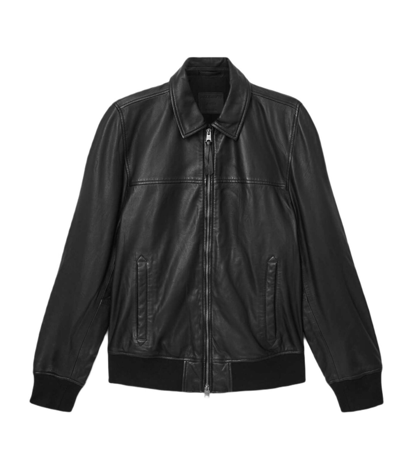 Men’s Black Classic Spread Collar Ribbed Cuff Sheepskin Leather Jacket for Men