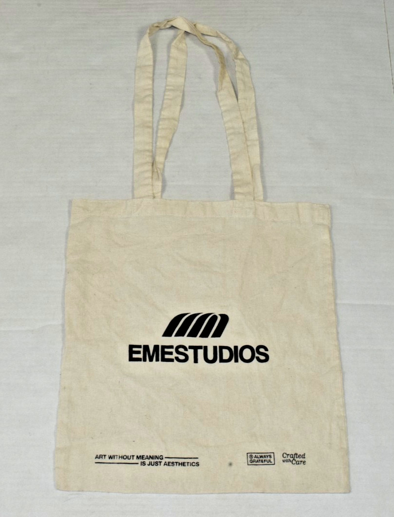 EME Studios Streetwear Tote Bag Printed Logo Ultra Thin Ivory Cotton 14.5X13.5In