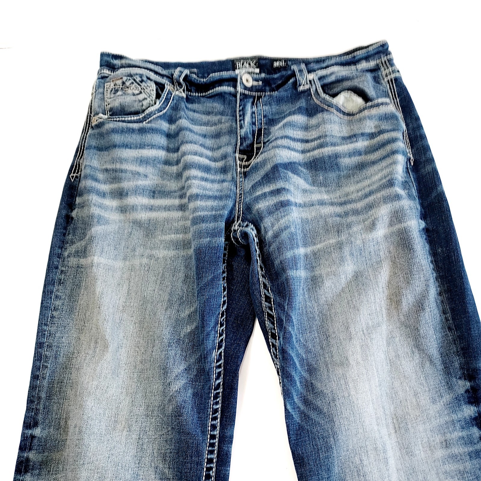 BKE Jake Jeans Mens 38 XL Blue Straight Leg Denim Distressed Dark Wash