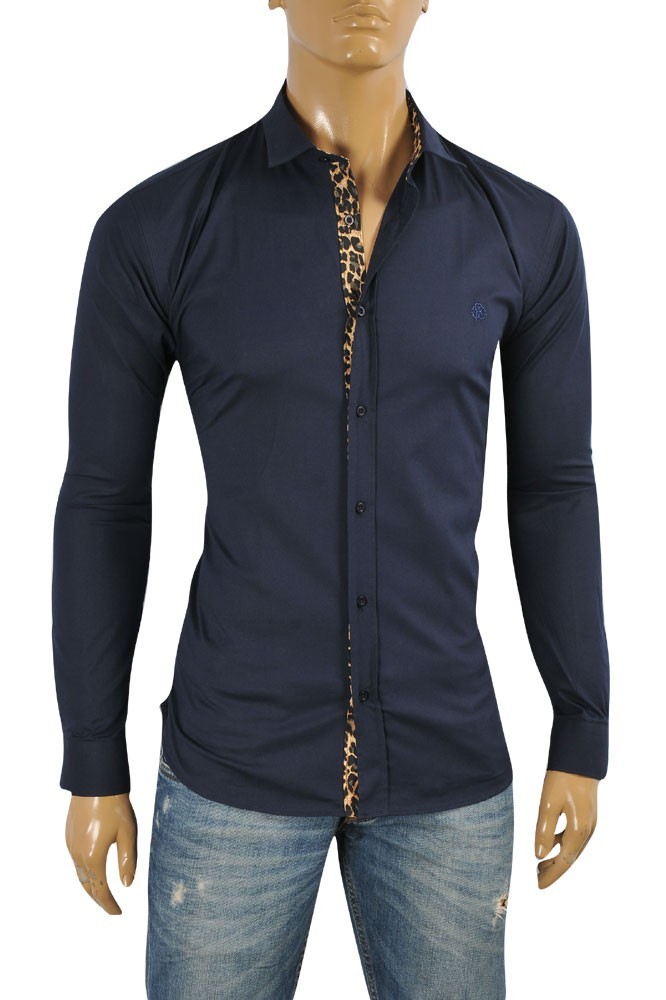 Roberto Cavalli Navy Blue Men Dress Shirt Leopard Details, 365, Size Medium