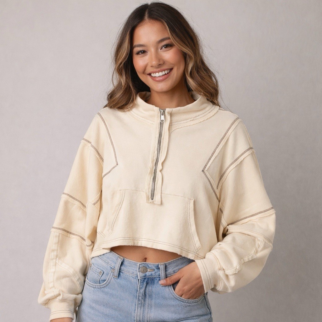 POL Top Women Medium Cream Oversized Cropped Contrast Trim Minimalist Y2K Grunge