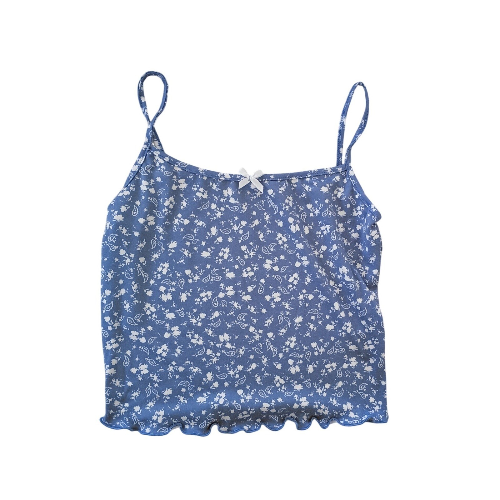Gaze Blue Floral Paisley Camisole Bow Lettuce Hem Crop Top S Fairycore