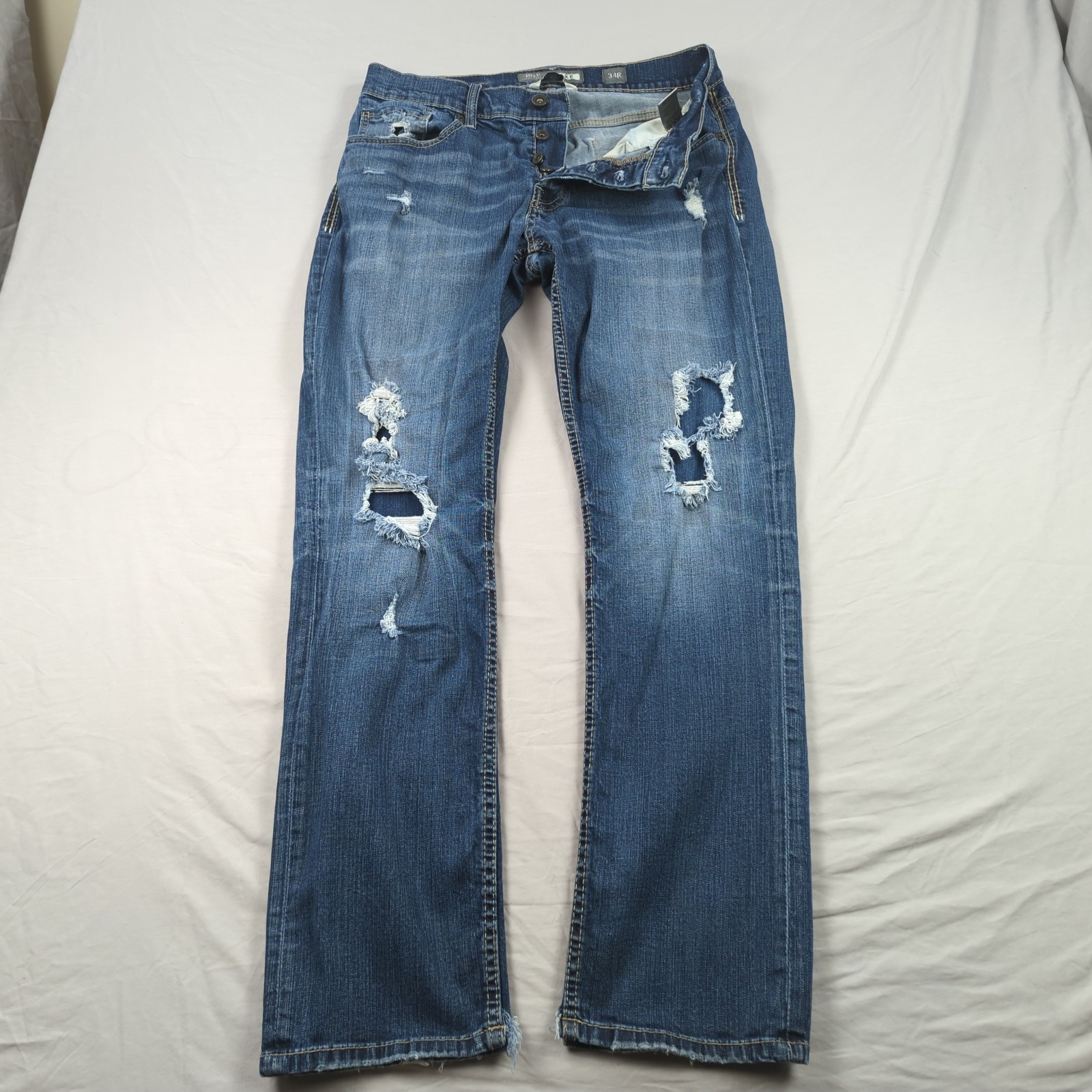 BKE Jeans Mens 34×32 Blue Jake Straight Faded Whiskers Button Fly Distressed