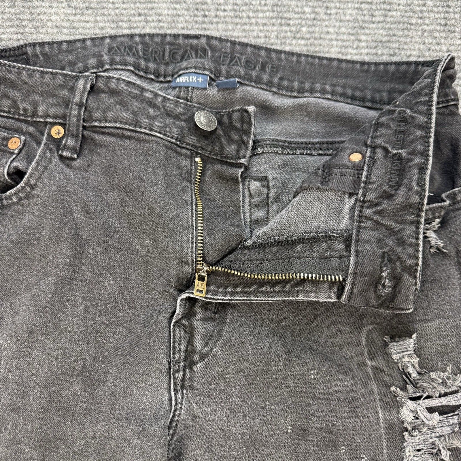 American Eagle AirFlex+ Athletic Skinny Jeans Men 36×32 Black Distressed Stretch