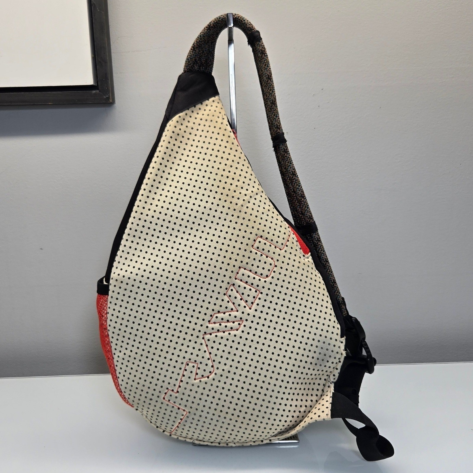 KAVU Paxton Pack Rope Sling Backpack Red Cream Black Polka Dot Canvas Crossbody