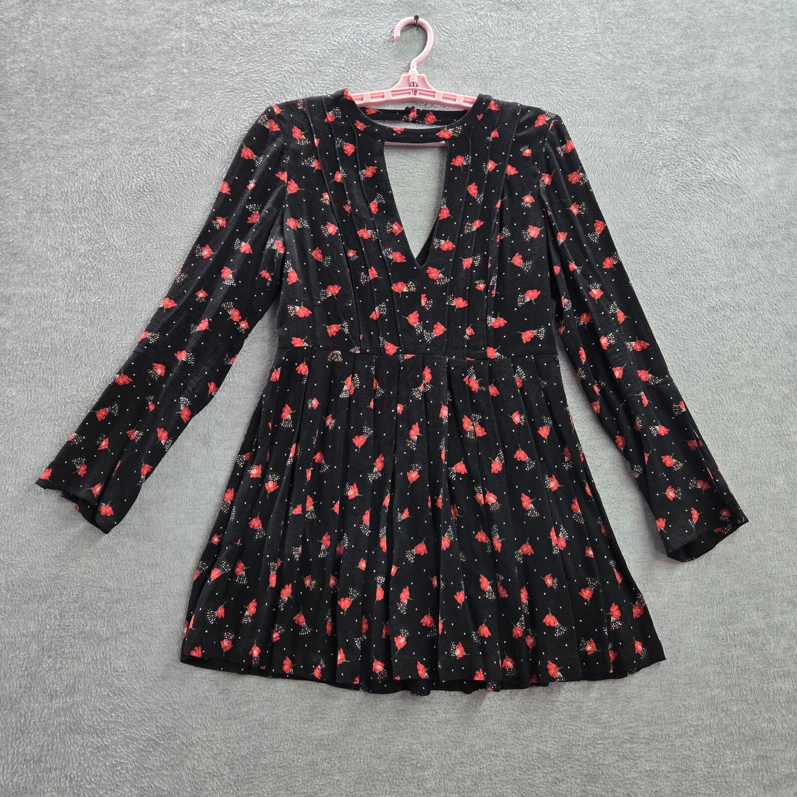 Free People Women Dress 4 Red Floral Tegan Mini A Line Boho Pleated Keyhole