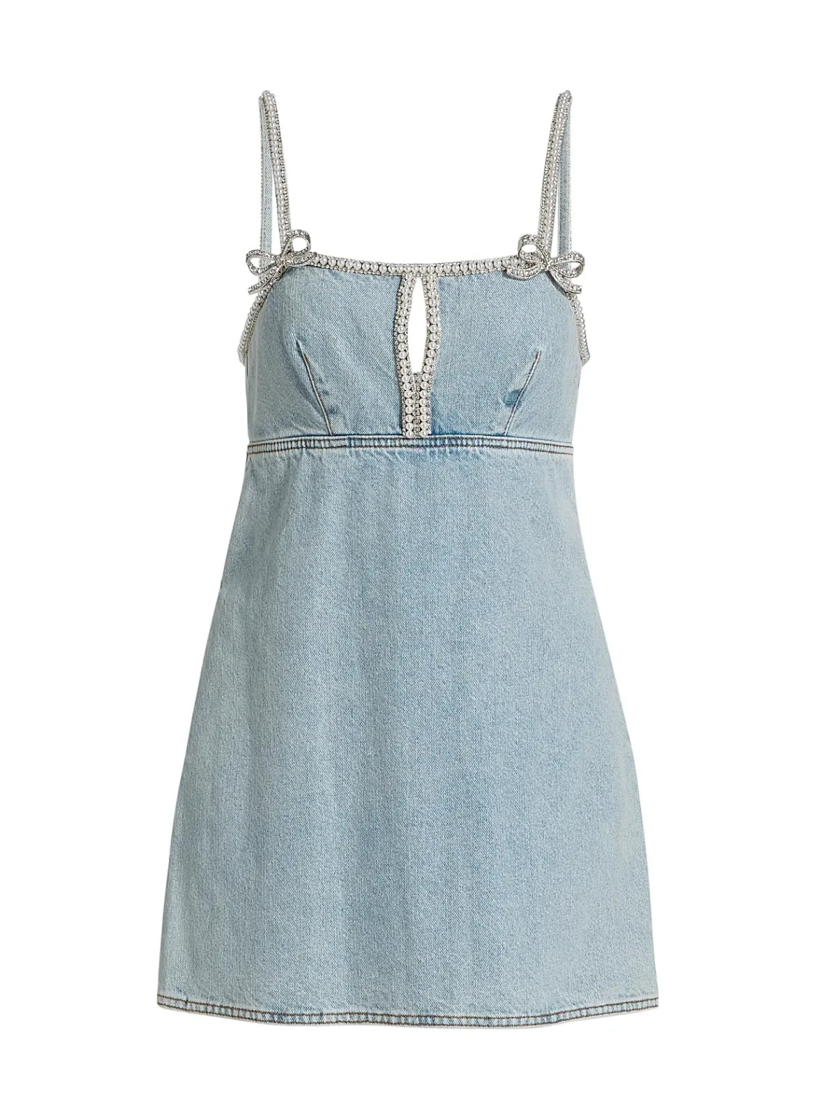 Self-Portrait LIGHT Denim RHINESTONE Pearl-Trim BOW Minidress CUTOUT SZ 8 NWT