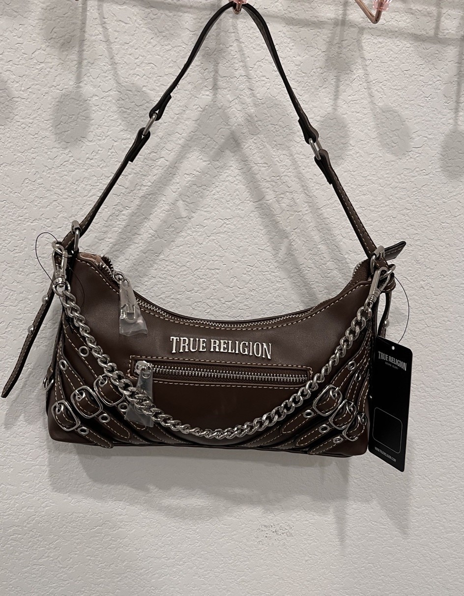 True Religion Brown Crescent Shoulder Bag Zip Chain & Buckle Accents Silver