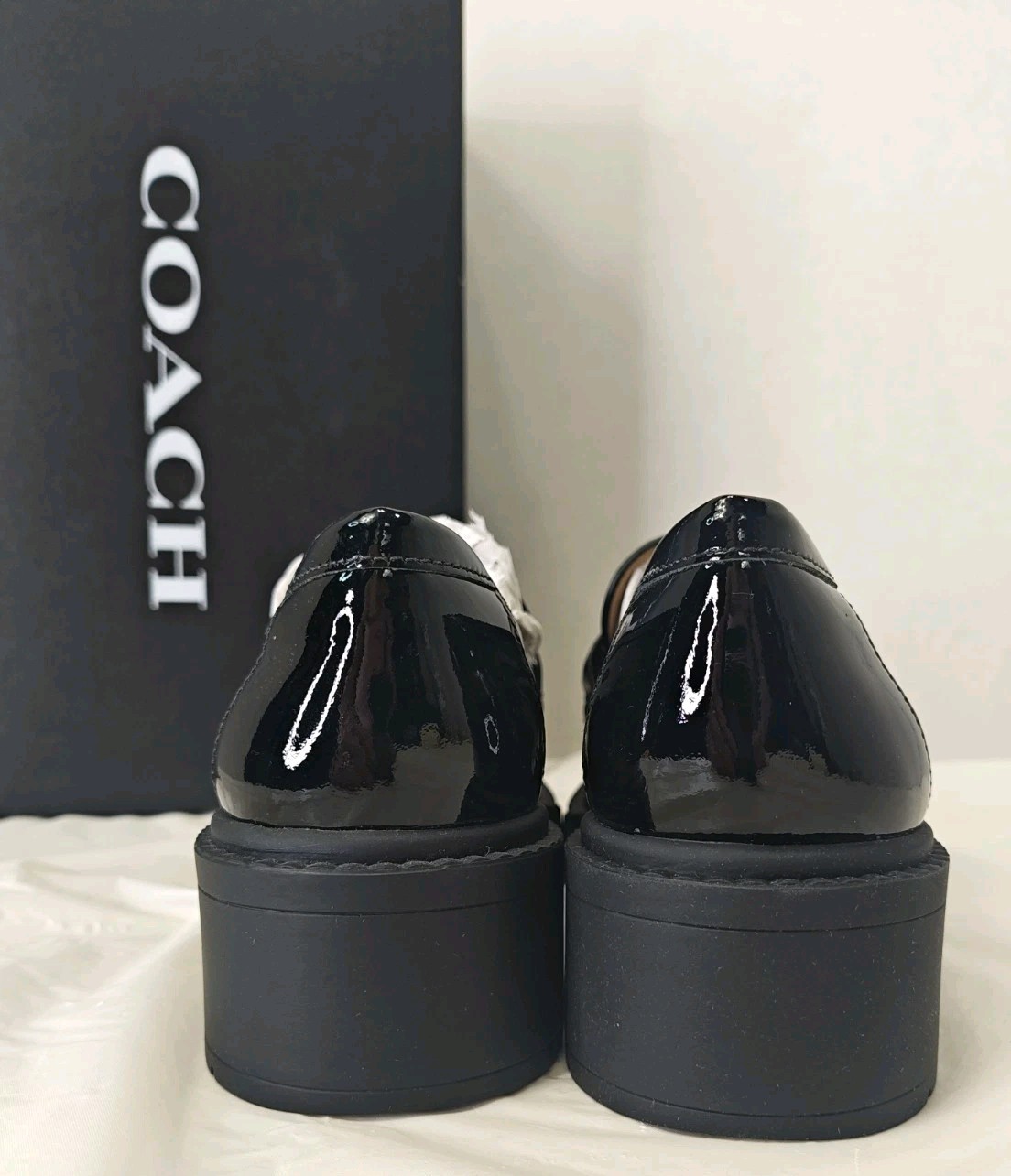 COACH Leah Patent Leather Platform Loafers Black Lug Sole CM752 Womens Sz 5 NIB