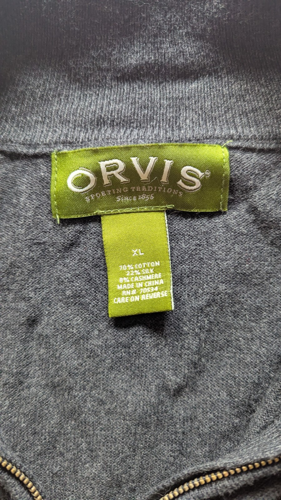 Orvis Men’s Gray 1/4 Zip Knit Sweater Cotton Silk Cashmere XL Mock Neck