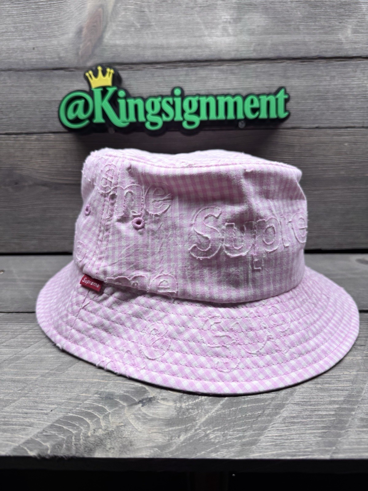 Supreme Gingham Logo Crusher Bucket Hat Pink White M/L Unisex Adults
