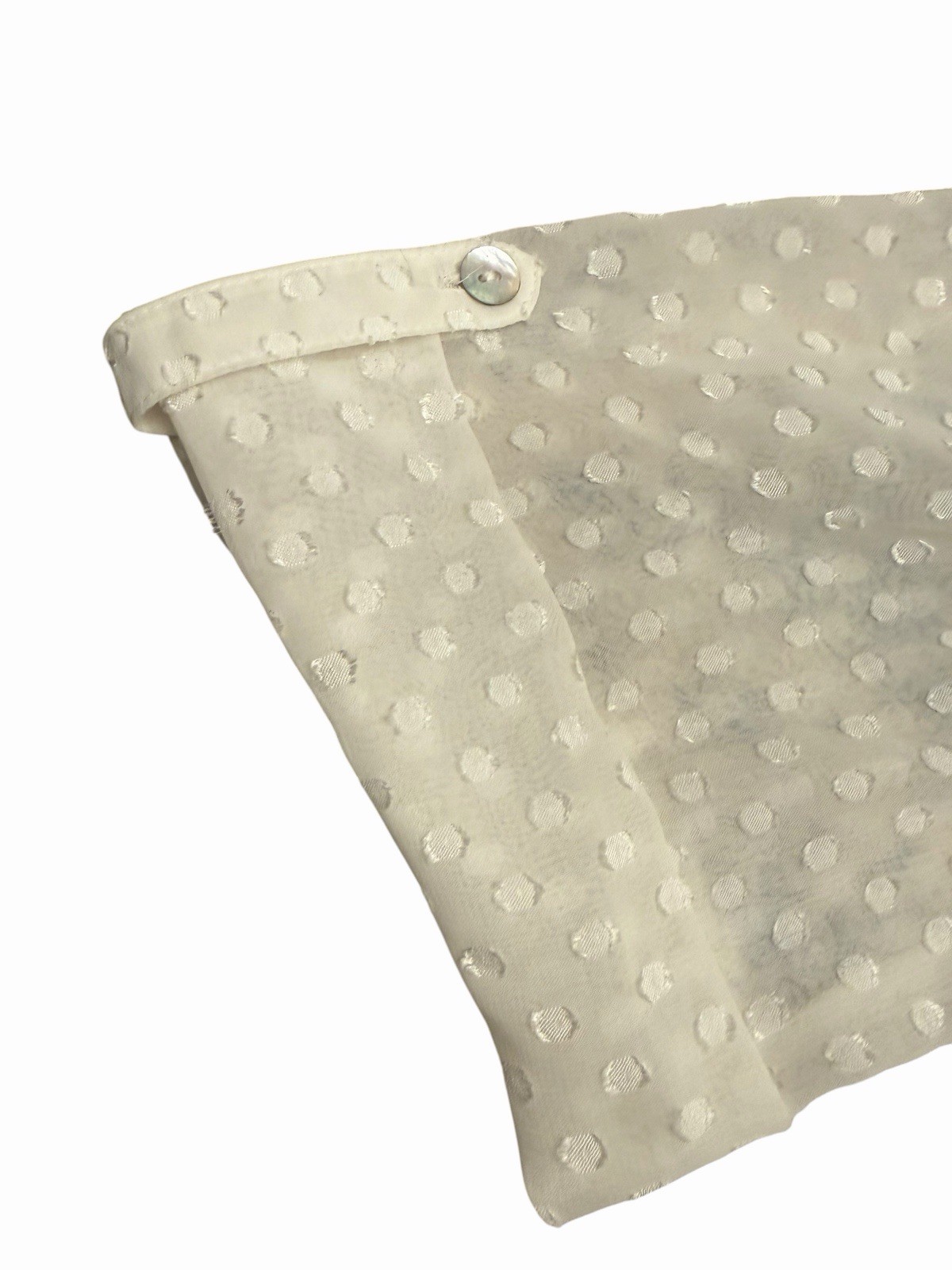 DANIEL RAINN Sheer White Blouse Roll Tab Sleeve MED Pockets Polka Dot Lace STAIN
