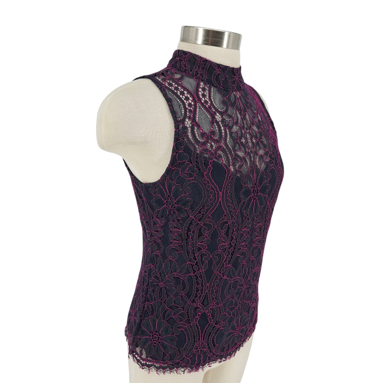 White House Black Market Shirt Two Tone Lace Sleeveless Sheer High Neck Womens 4