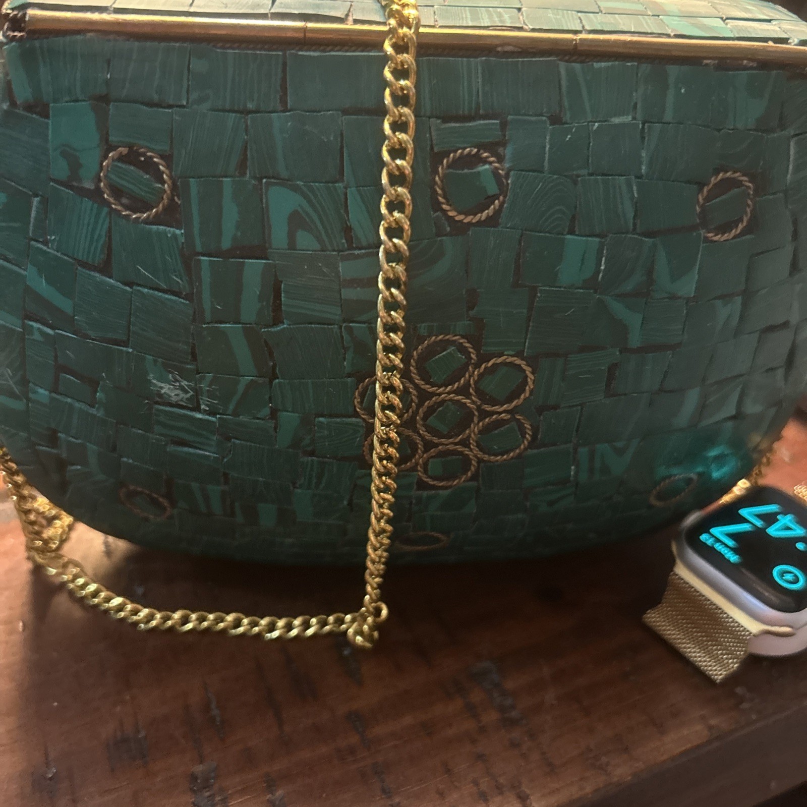 Unique Handcrafted Indian Handbag/ Turquoise Mosaic Stne Gld and Coper Details