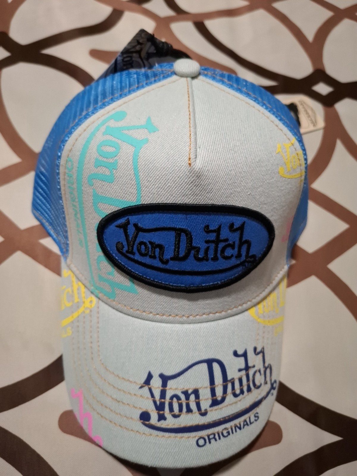 VON DUTCH BLUE & BEIGE TRUCKER HAT MESH BACK ADJUSTABLE LOGO ONE SIZE