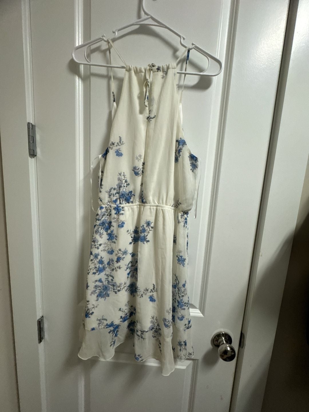 Altar’d State White and Blue Floral Chiffon Ruffle Mini Dress