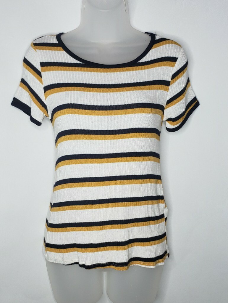 Anthropologie Ginger G Striped Rib Knit Short Sleeve Top White Yellow Navy