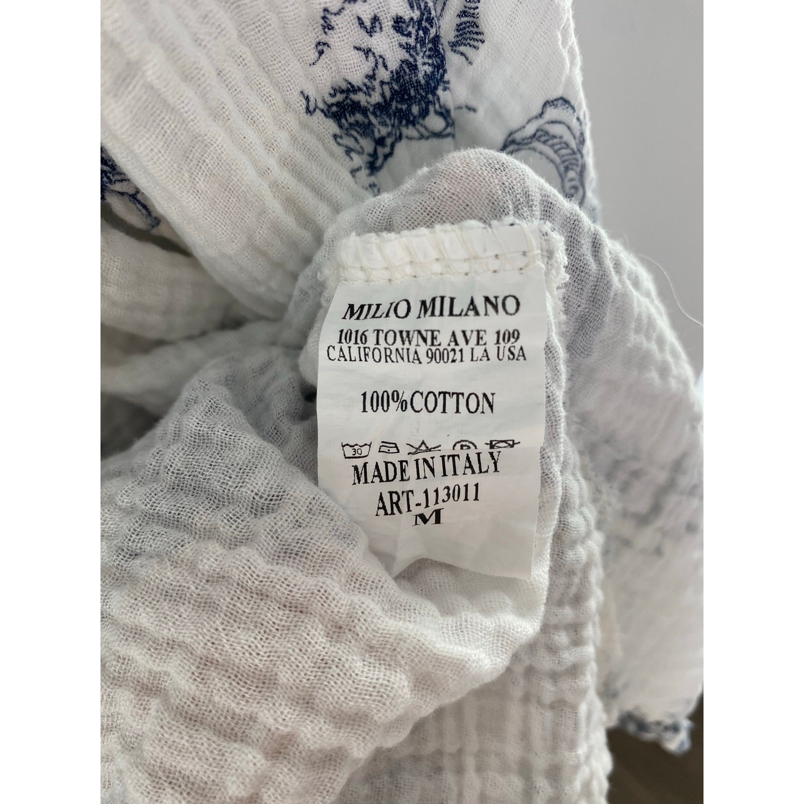 Milo Milano Blue White Toile Print Cotton Gauze Cardigan Dolman Sleeve Size M