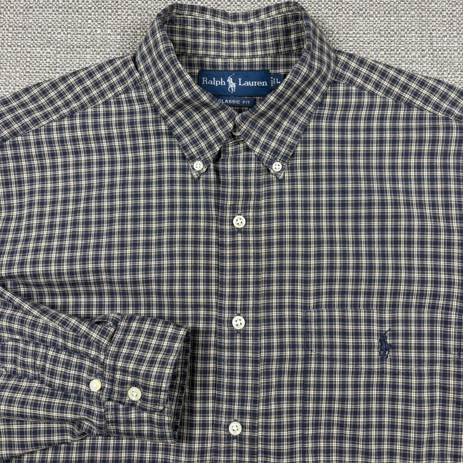 Ralph Lauren Men’s Shirt L Long Sleeve Black Blue Beige Plaid Classic Embroidery