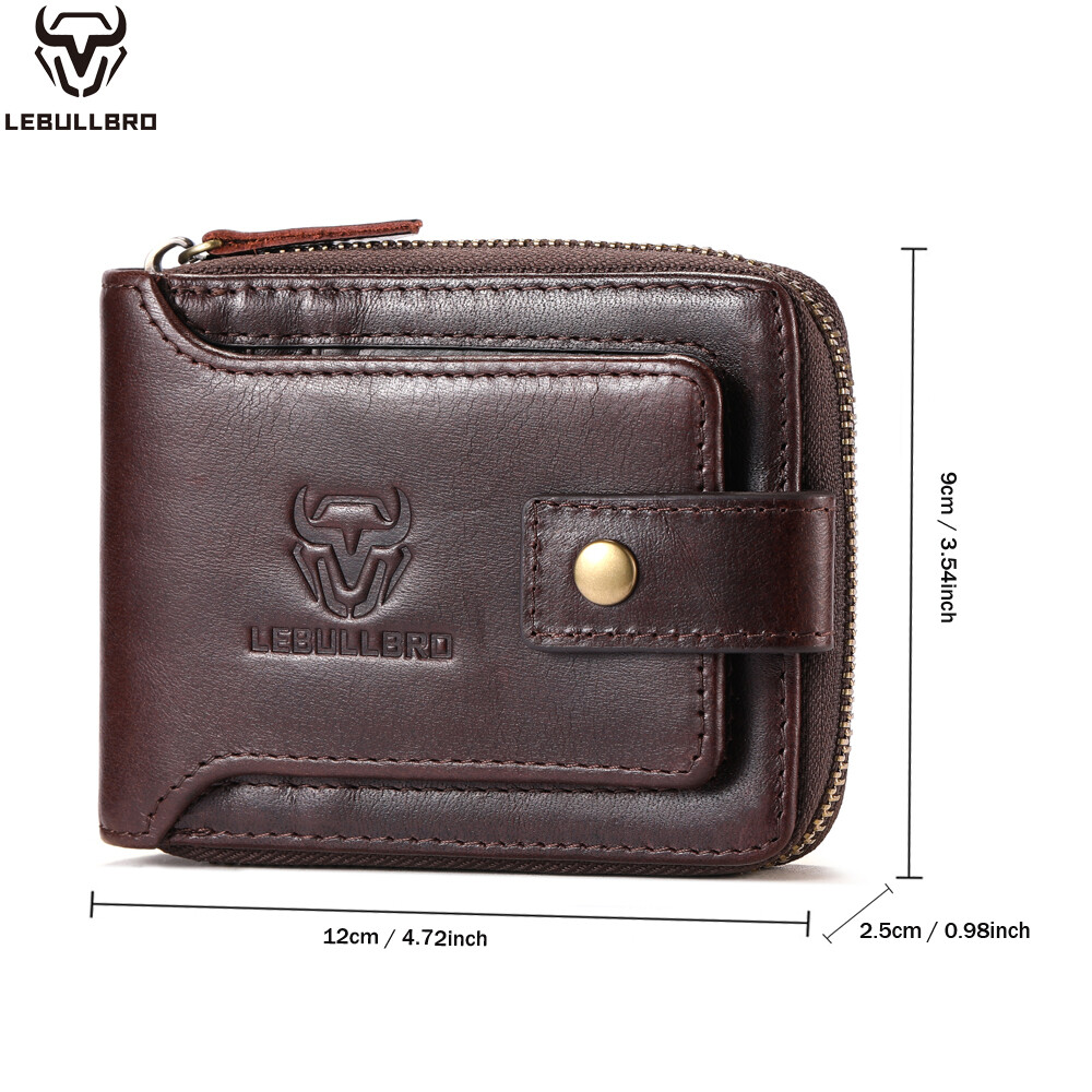 Mens Genuine Leather Zipper Wallet RFID Blocking Bifold Zip Around Card Holder