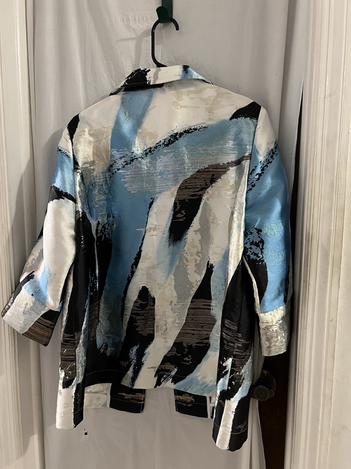 Ming Wang Blue Black Abstract Print Open Front Jacket Sz L