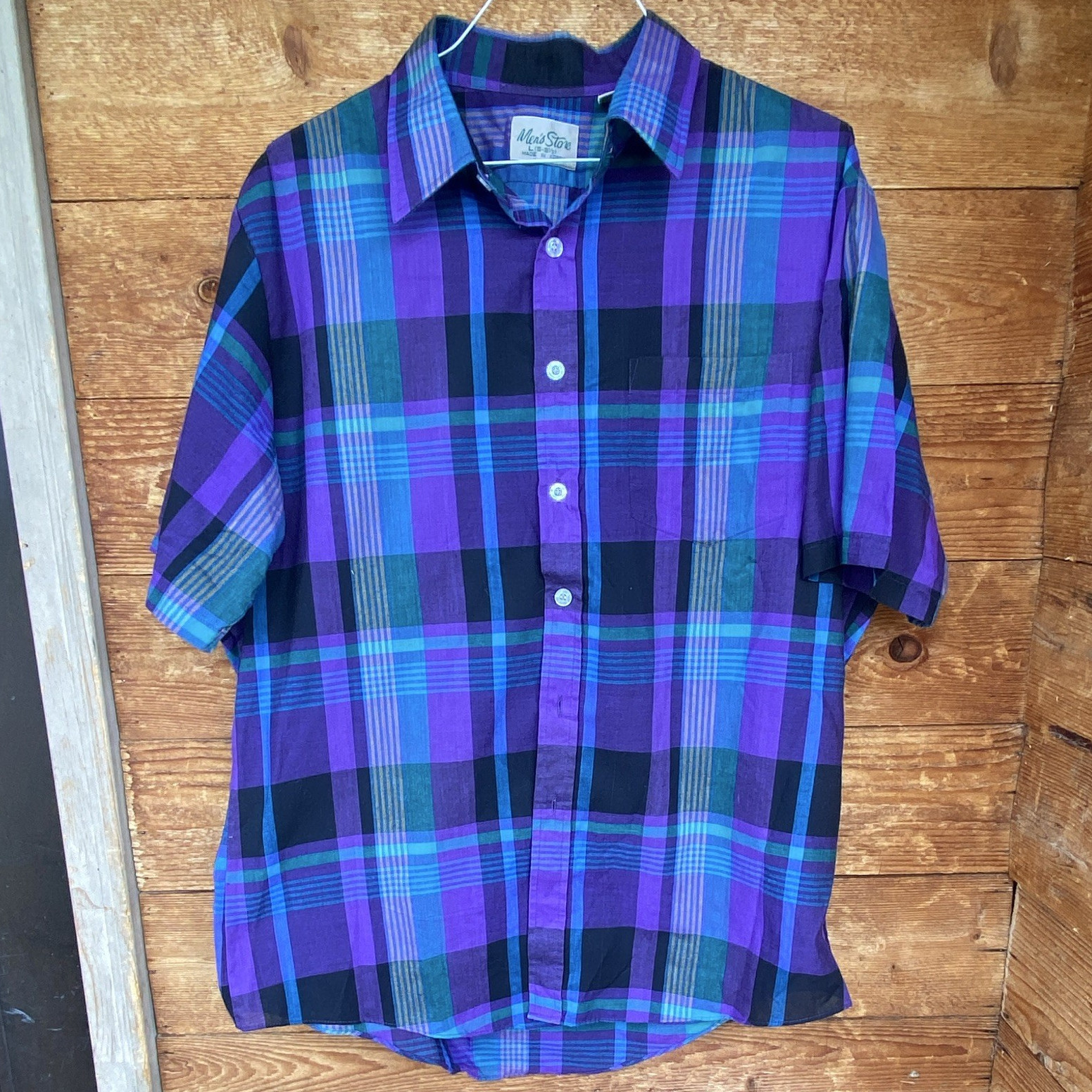 Men’s Store Men’s Plaid Short Sleeve Button-Up Shirt Purple Blue Green Black L