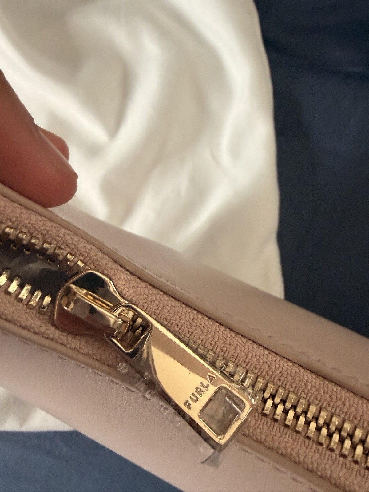 Furla Beige Crescent Shoulder Bag Zip Closure Logo Accent Gold Hardware Dust Bag