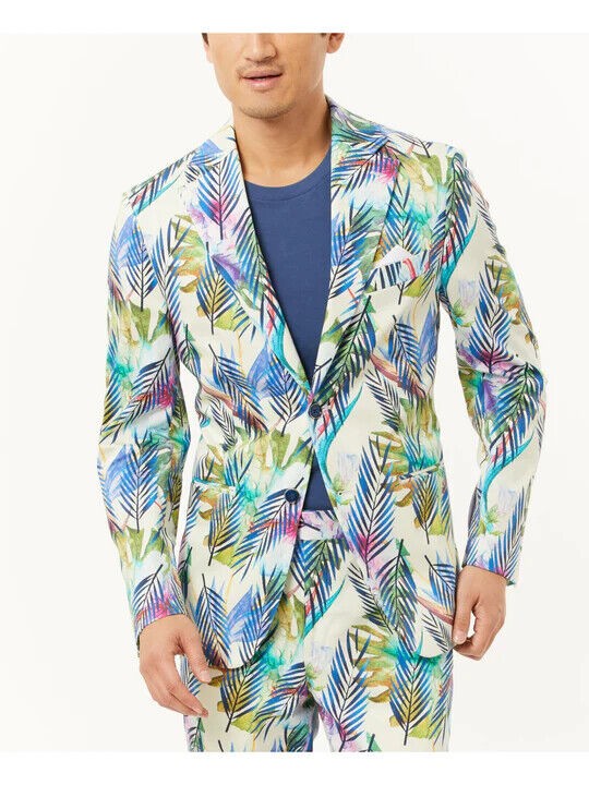 Tallia Men’s Cotton Blend Tropical Slim Fit Blazer in Blue Cream-XL 44-46