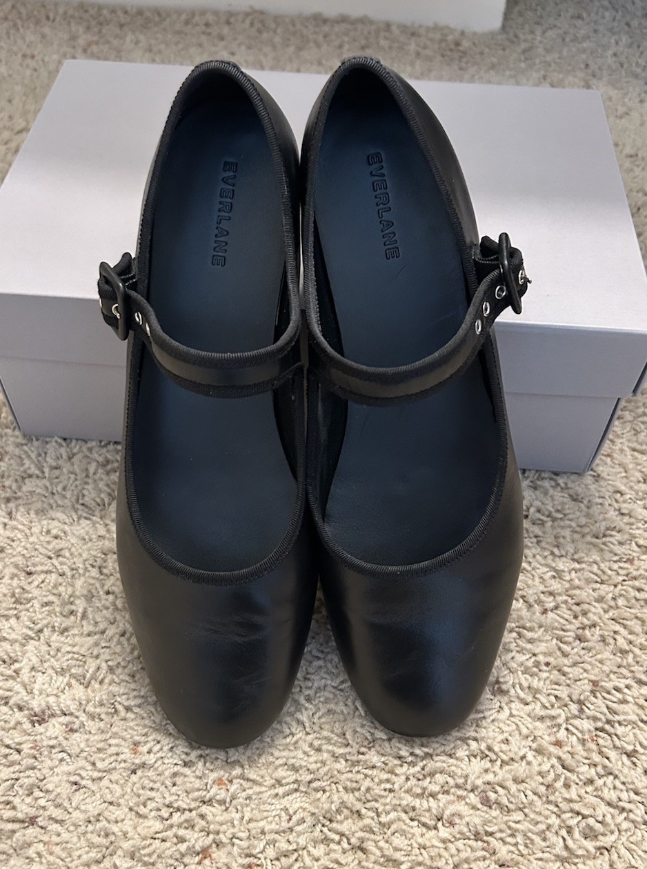 Everlane ~ The Day Buckle Mary Jane Flats Black Leather 10.5 M w.Box Excellent