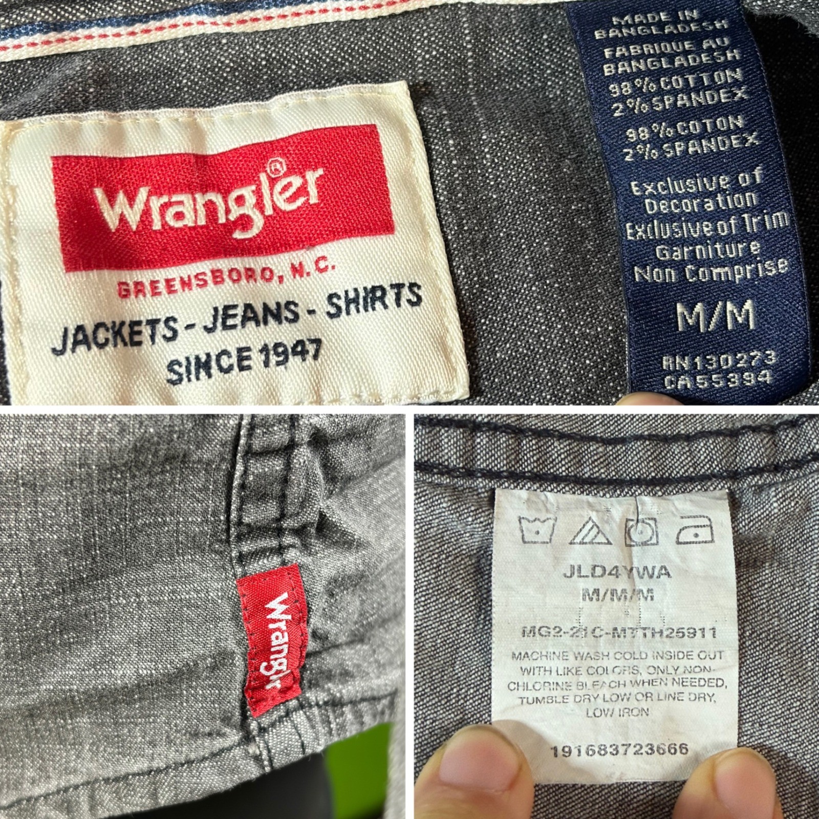 Wrangler Mens M Black Denim Flex Slim Fit Western Snap Shirt JLD4YWA