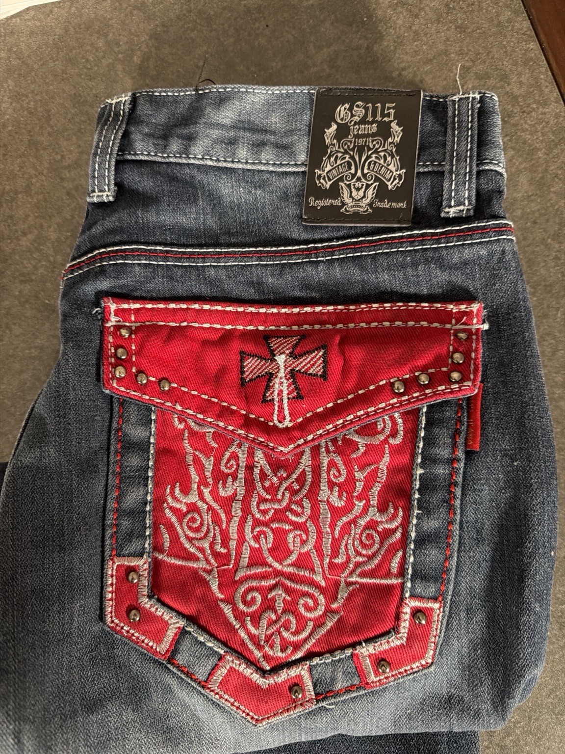 GS115 Jeans Men’s 34 X 32 Blue Denim Red Embroidered Flap Pocket Studded Y2K