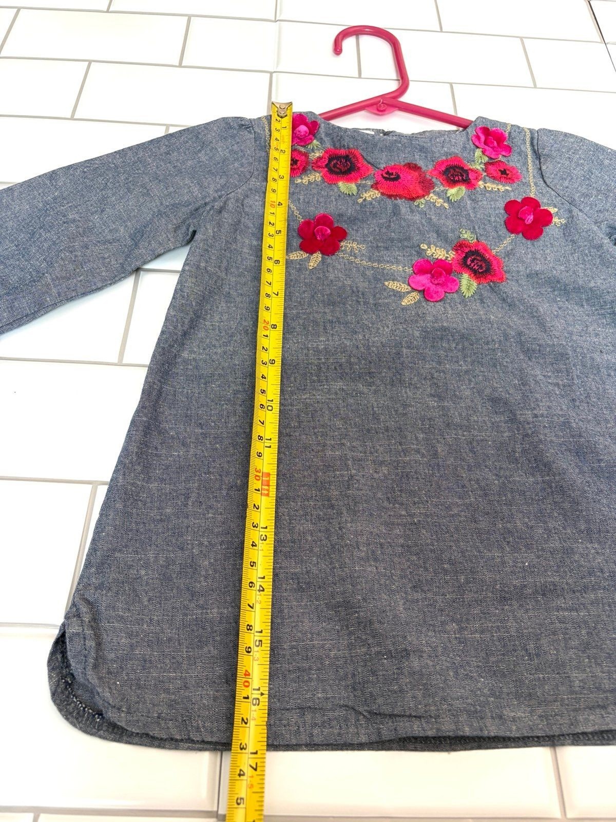 Mud Pie Girls Floral Embroidered Chambray Dress 5T Blue Cotton Long Sleeve Tunic