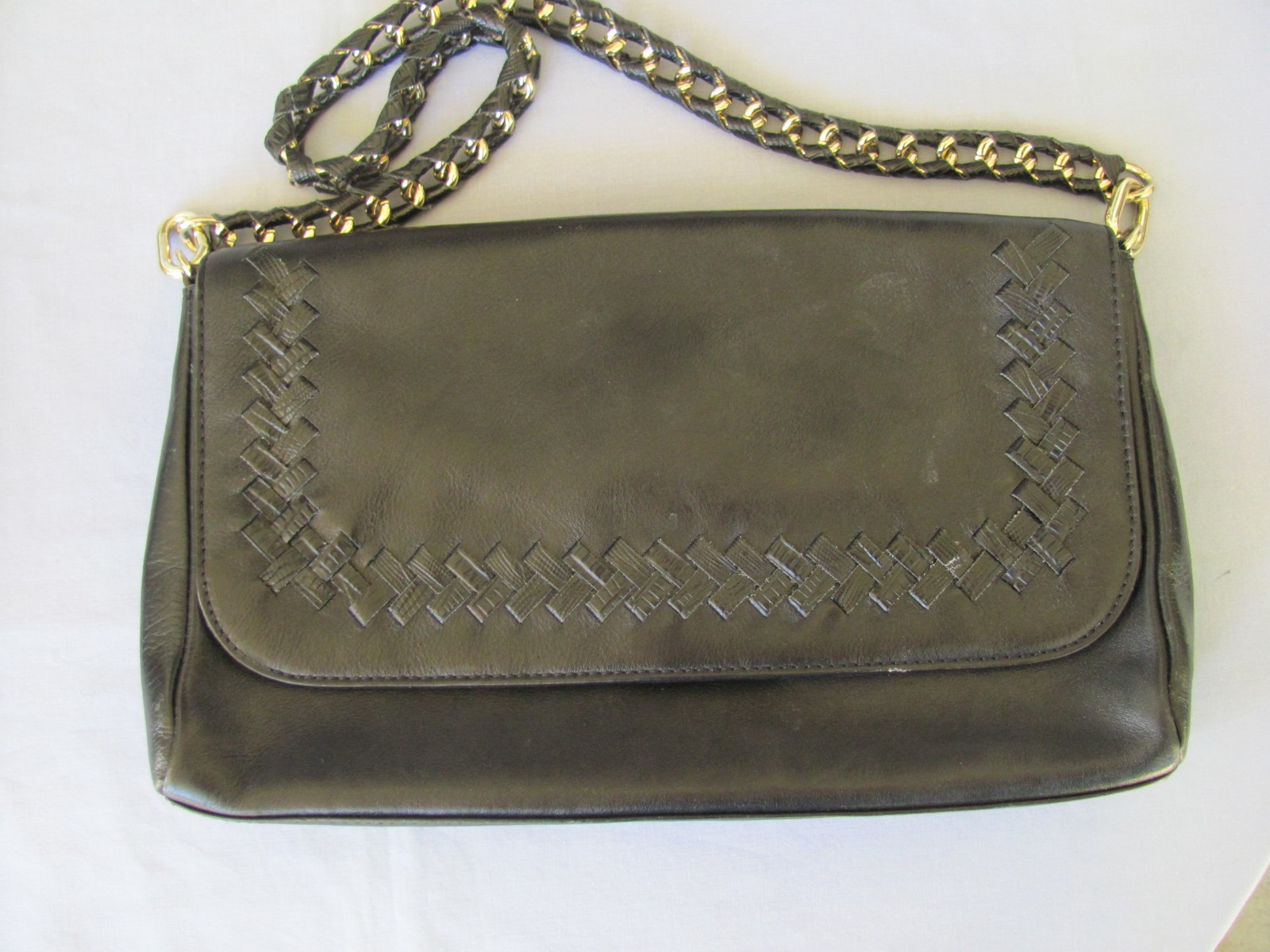 Antonio Melani Black/Dark Brown Leather Handbag With Gold Chain Link Straps