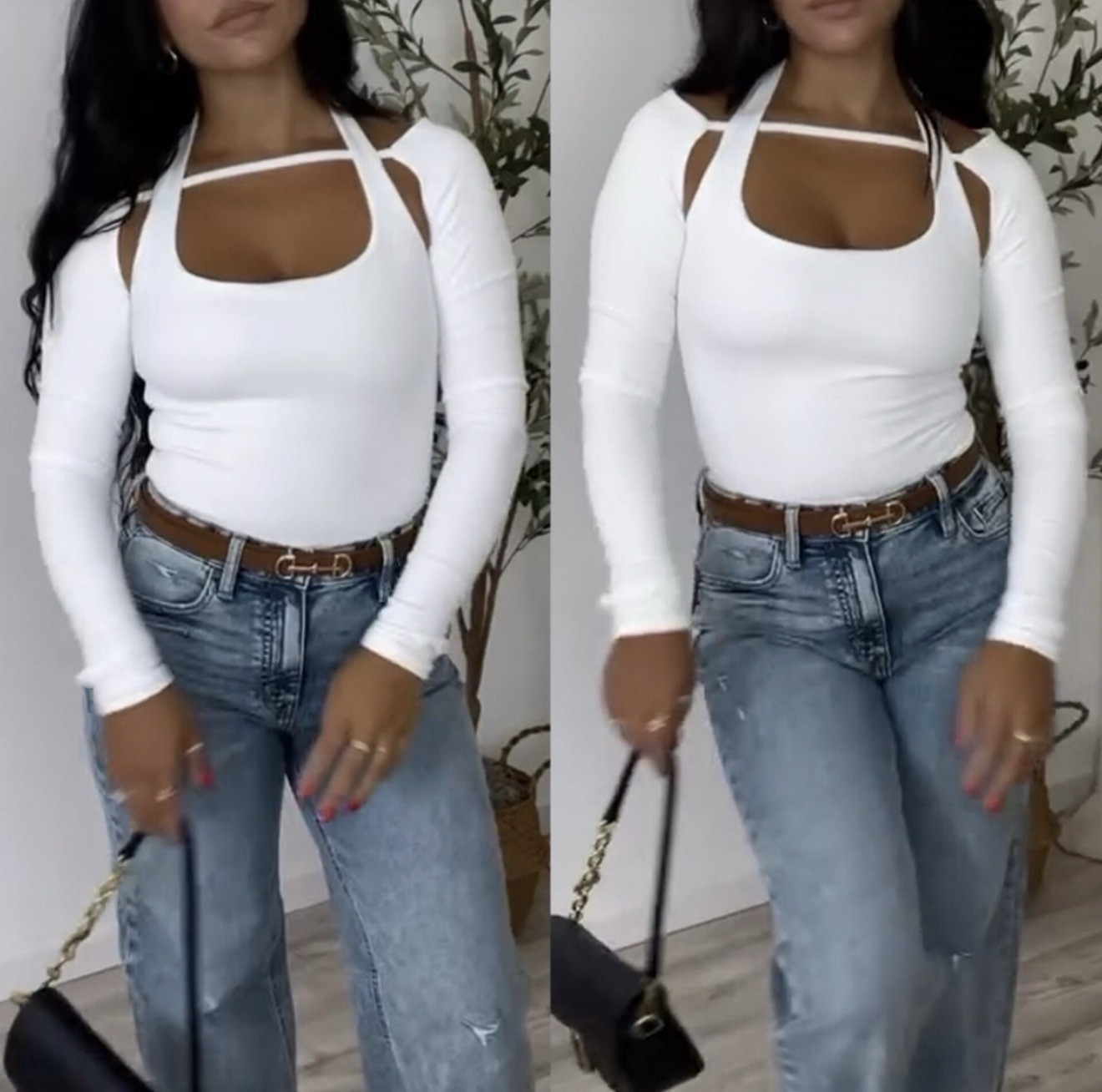 Off White Ivory Halter Cut Out Ribbed Long Sleeve Top Size Small