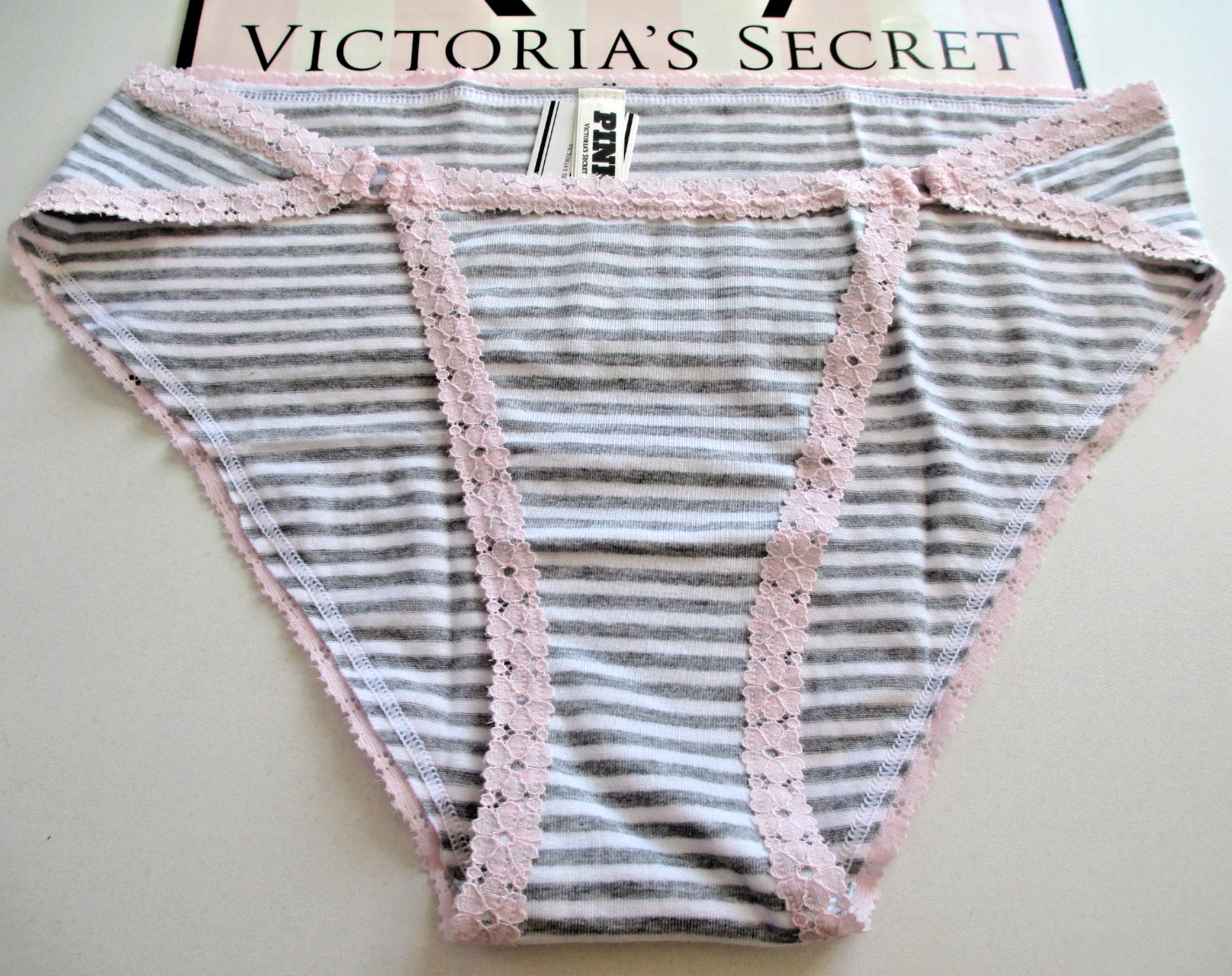 VICTORIA’S SECRET PINK Cotton Cheeky Panty S M L XL Gray White Stripe Lace Trim