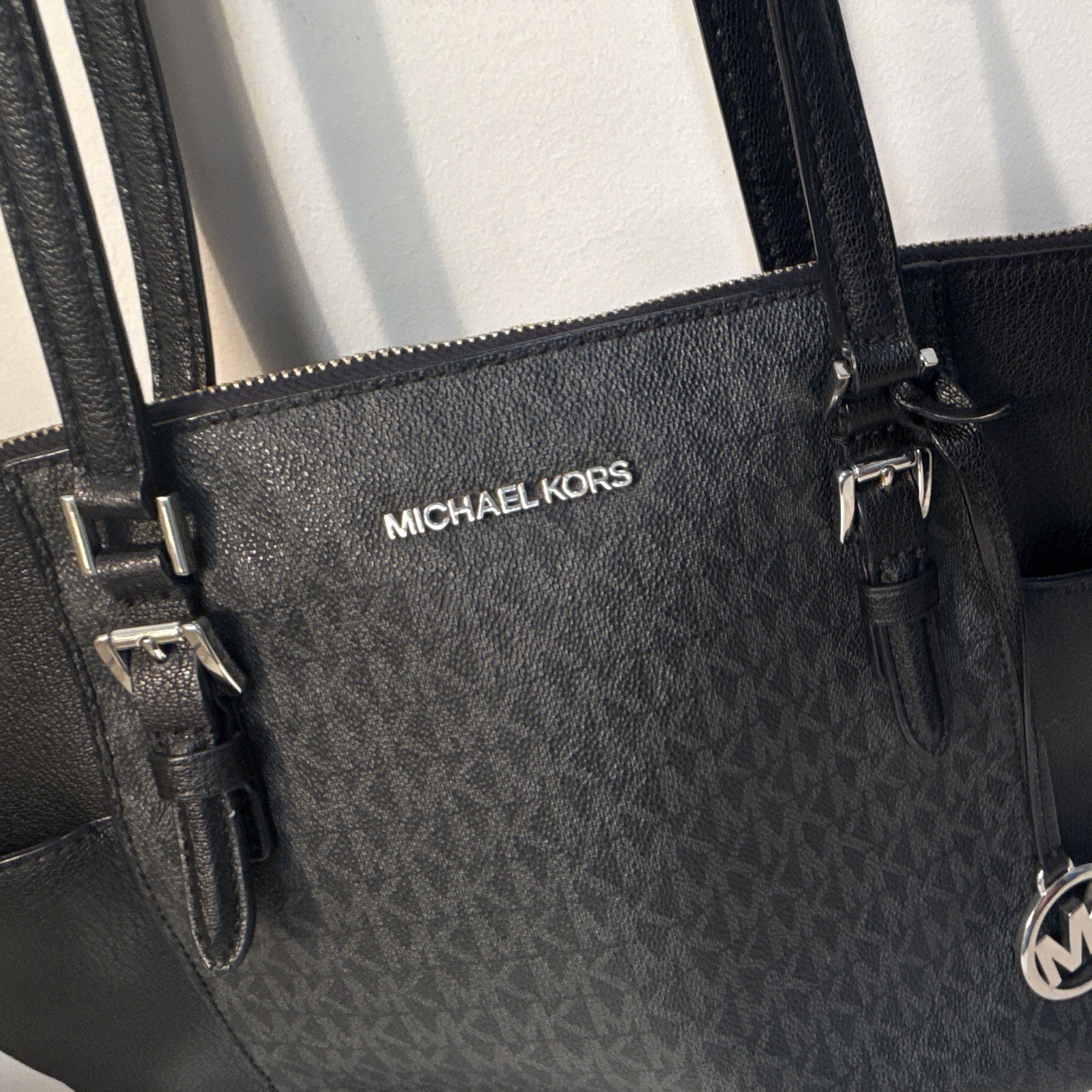Michael Kors Black Logo Tote Zip Closure Silver Hardware MK Charm Pockets