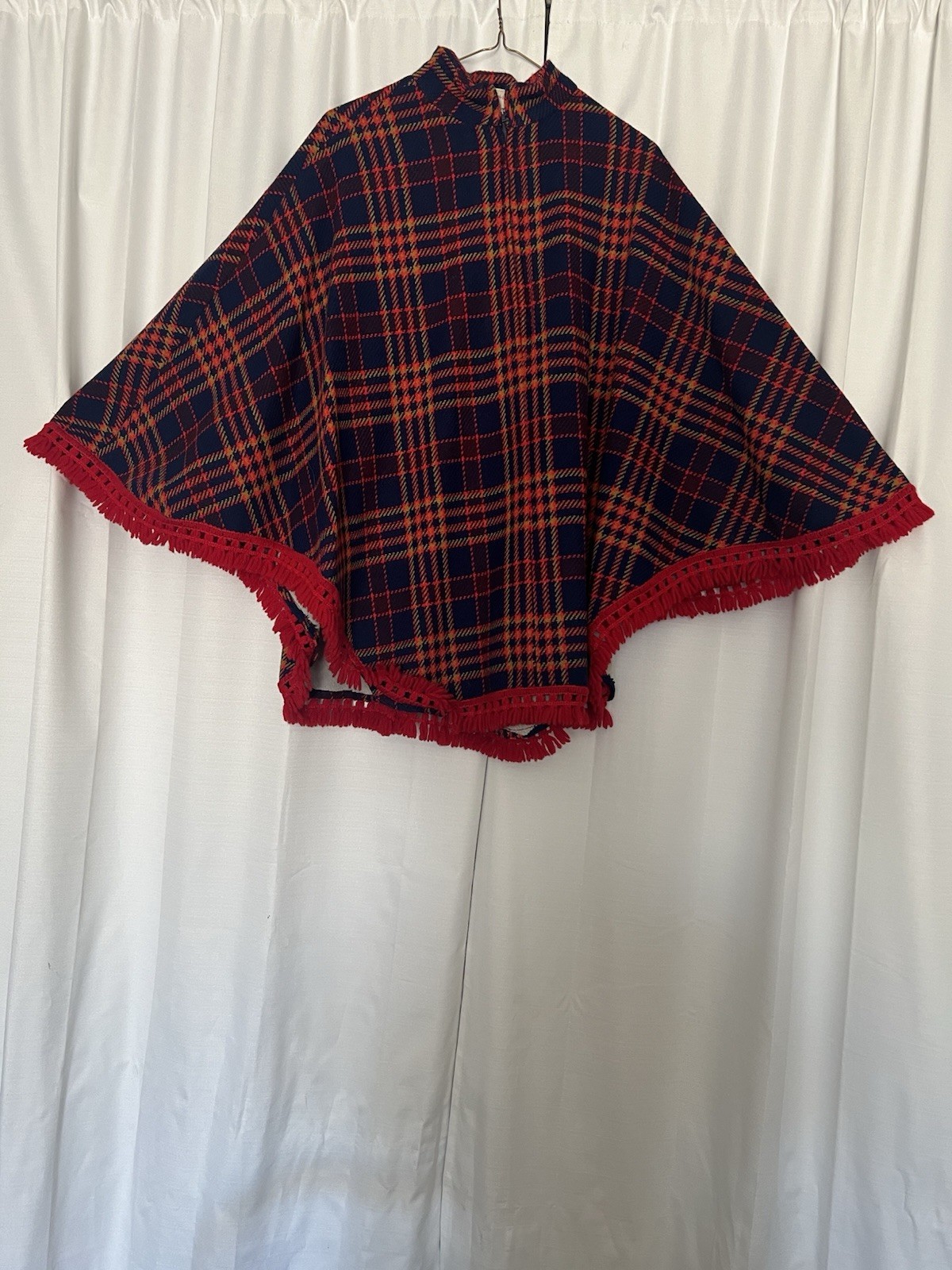 Vintage Handmade Women’s Red Navy Plaid Fringe Trim Poncho Cape