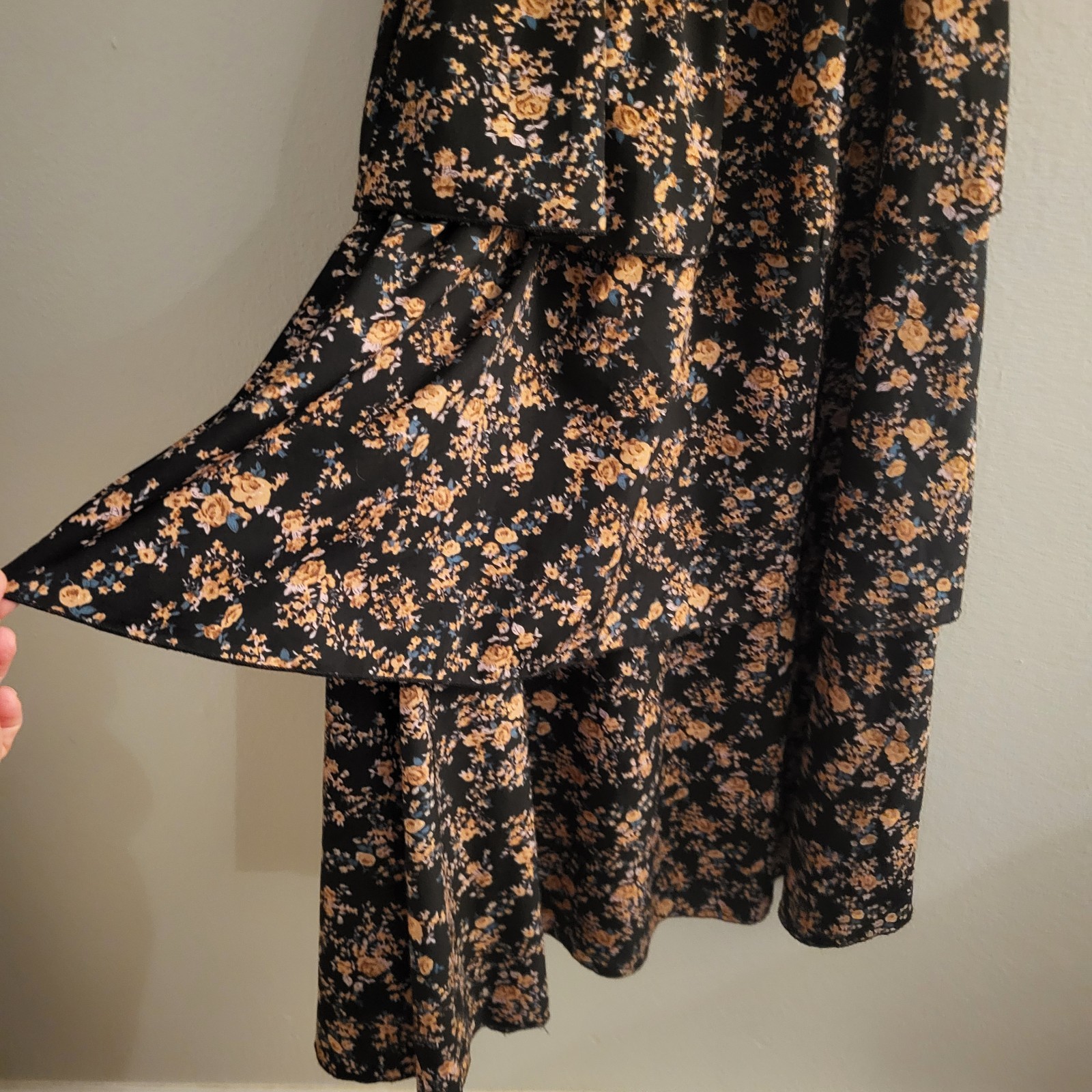 Ditsy black floral Petal Sleeve Layered Midi Dress small Prairie Forest Fairy
