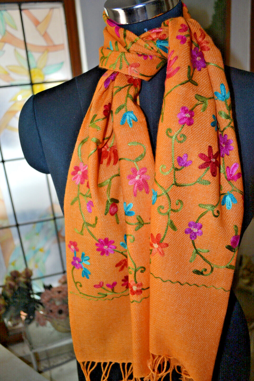 ORANGE FLORAL CREWEL EMBROIDERED NECKSCARF FINE 100% CASHMERE PASHMINA SCARF