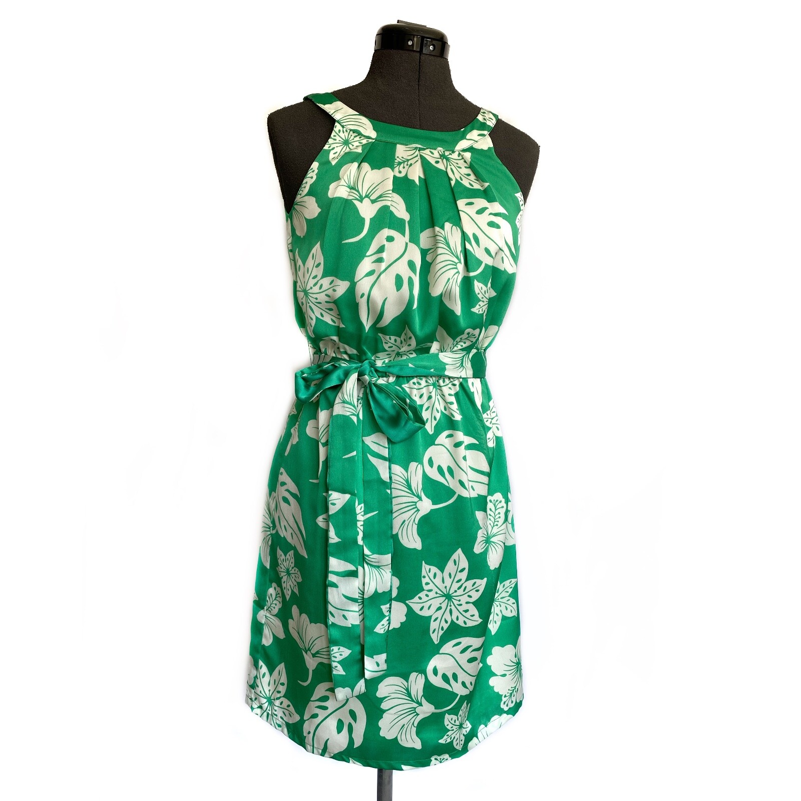 Womens XS Jade Dress Green White Jungle Leaf Sleeveless Cocktail Tropical