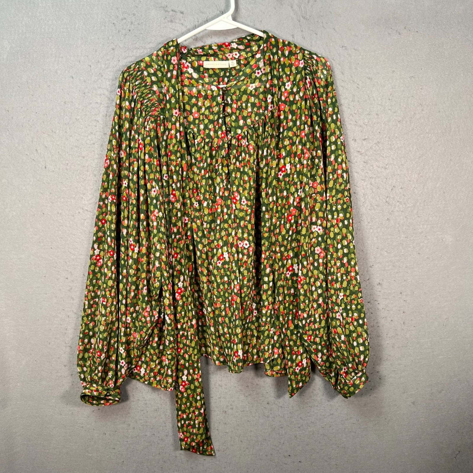 Happy X Nature Womens XL Floral Long-Sleeve Green Blouse Recycled Polyester