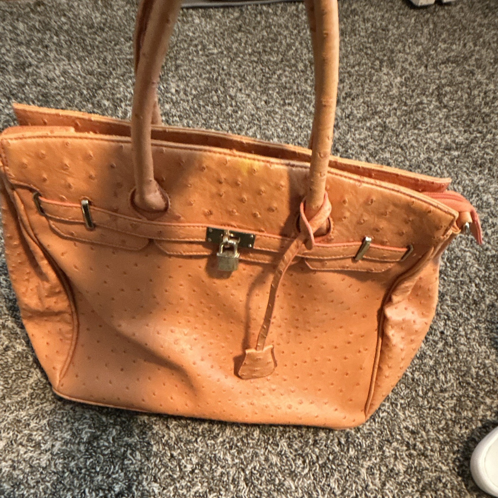 Ostrich Embossed Tan Large Satchel Top Handle, Detachable Strap, Zip/Lock