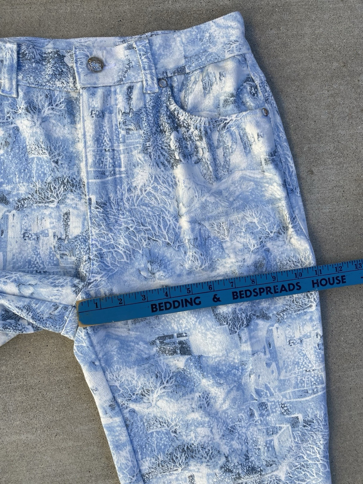 Escada Jeans All Over Print AOP Light Blue Etc On White Stirrup At Leg Hem 30 in