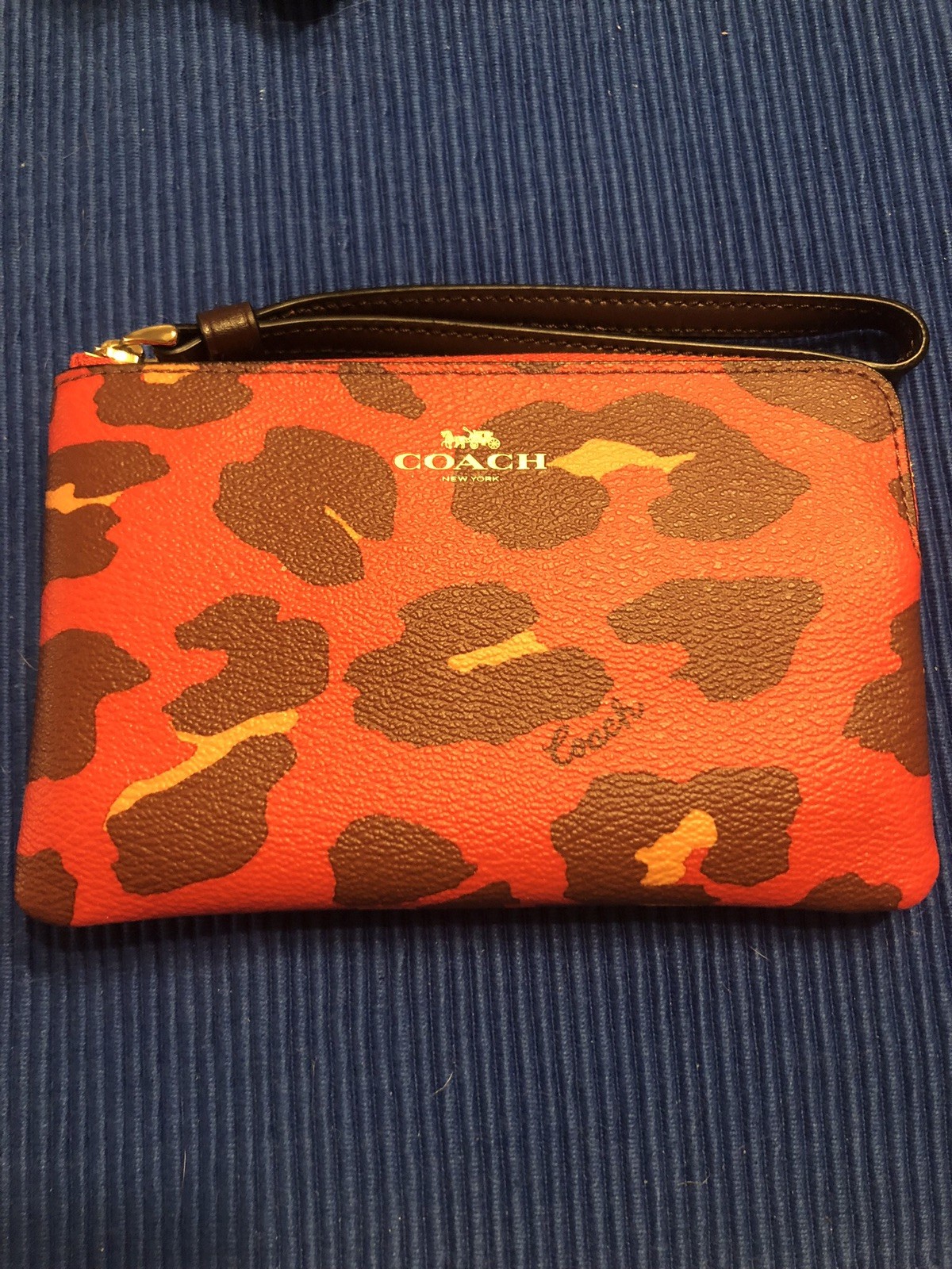 COACH Red Leopard Bright Poppy Print Corner Zip Leather Wristlet G2178-7303