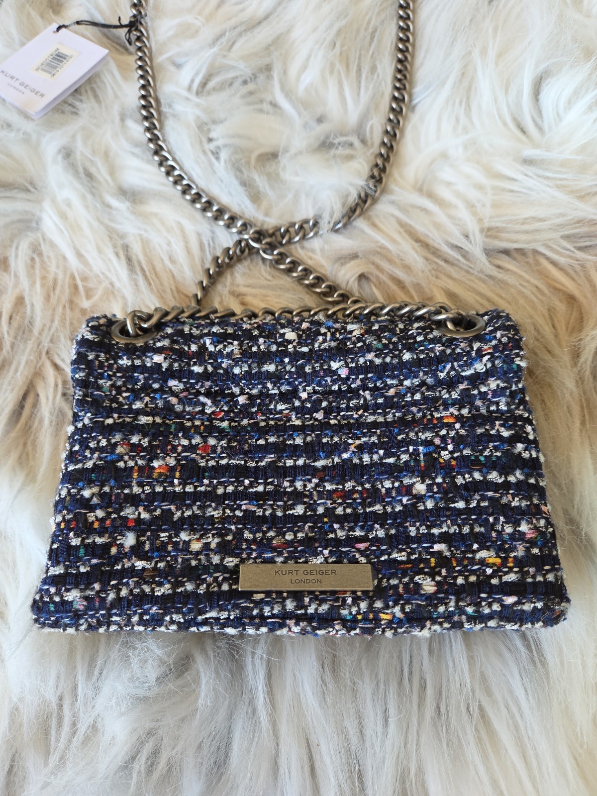 Kurt Geiger Mini Kensington Tweed Metallic Dark Multi Color Blue Bag NWT