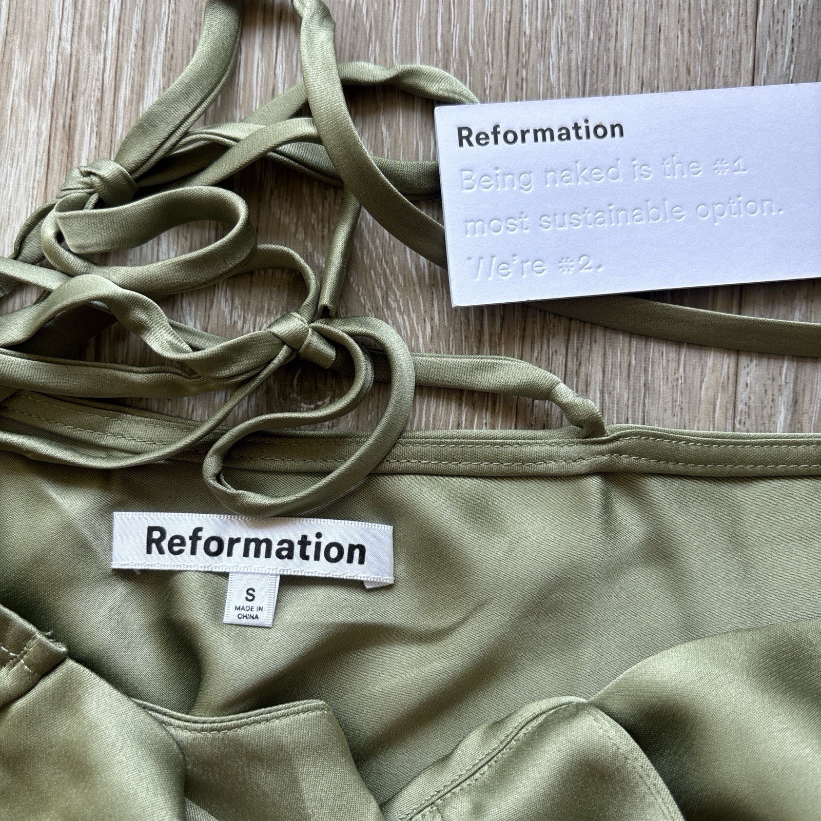 Reformation NWT Madrigal Artichoke Green Satin Maxi Slip Dress Size S