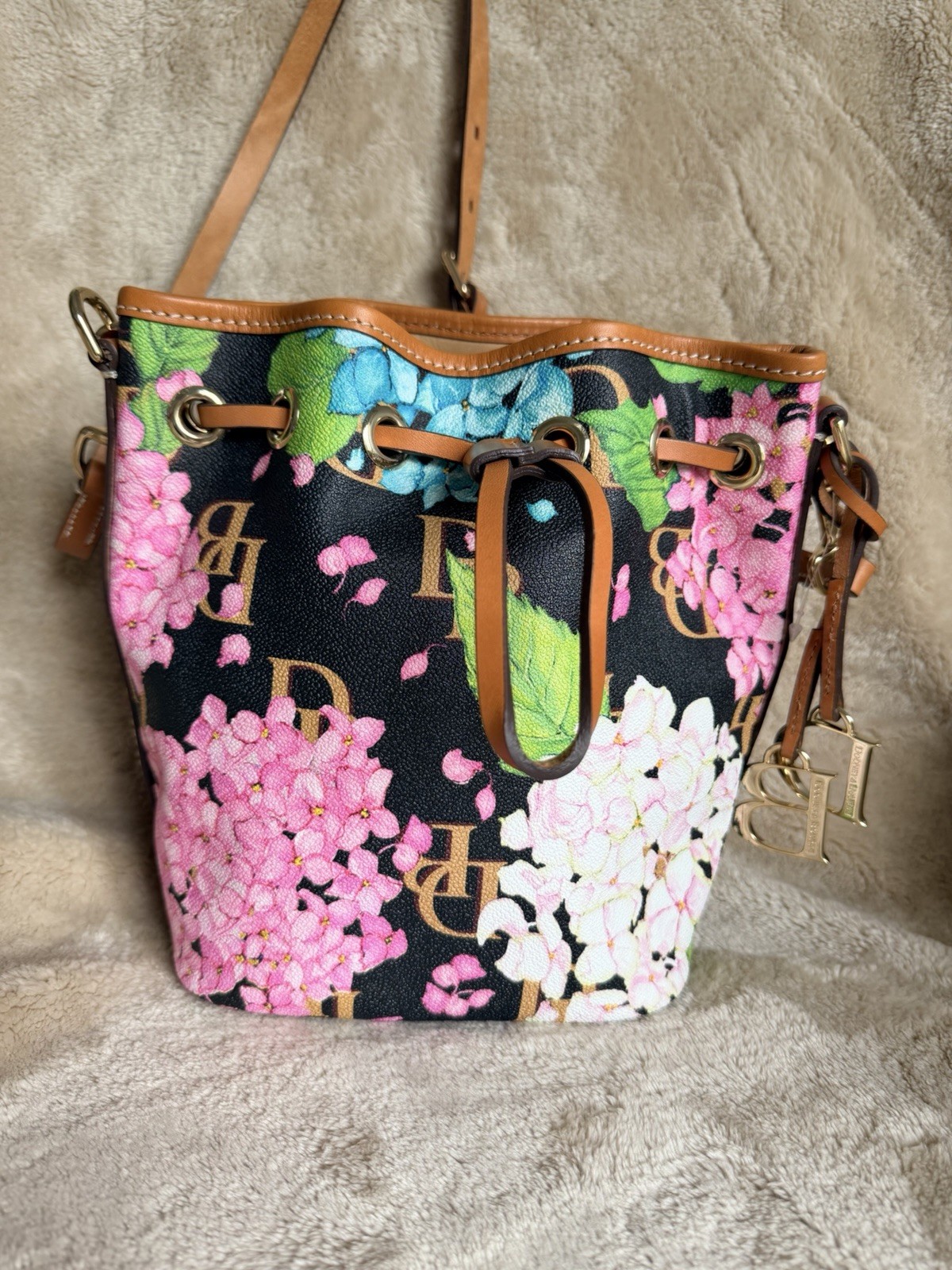 Dooney & Bourke Floral Drawstring Bucket Crossbody Bag Small Gold Hardware
