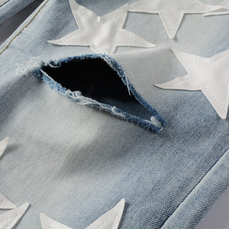 Men’s Ripped STAR PU Patchwork Grunge Skinny fit stretch Denim Washed jeans