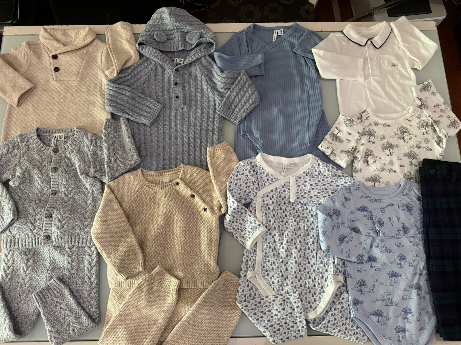 JANIE AND JACK Snow Cub Tan Cable Knit 14 PCS Set & Romper Size 12-18 Month
