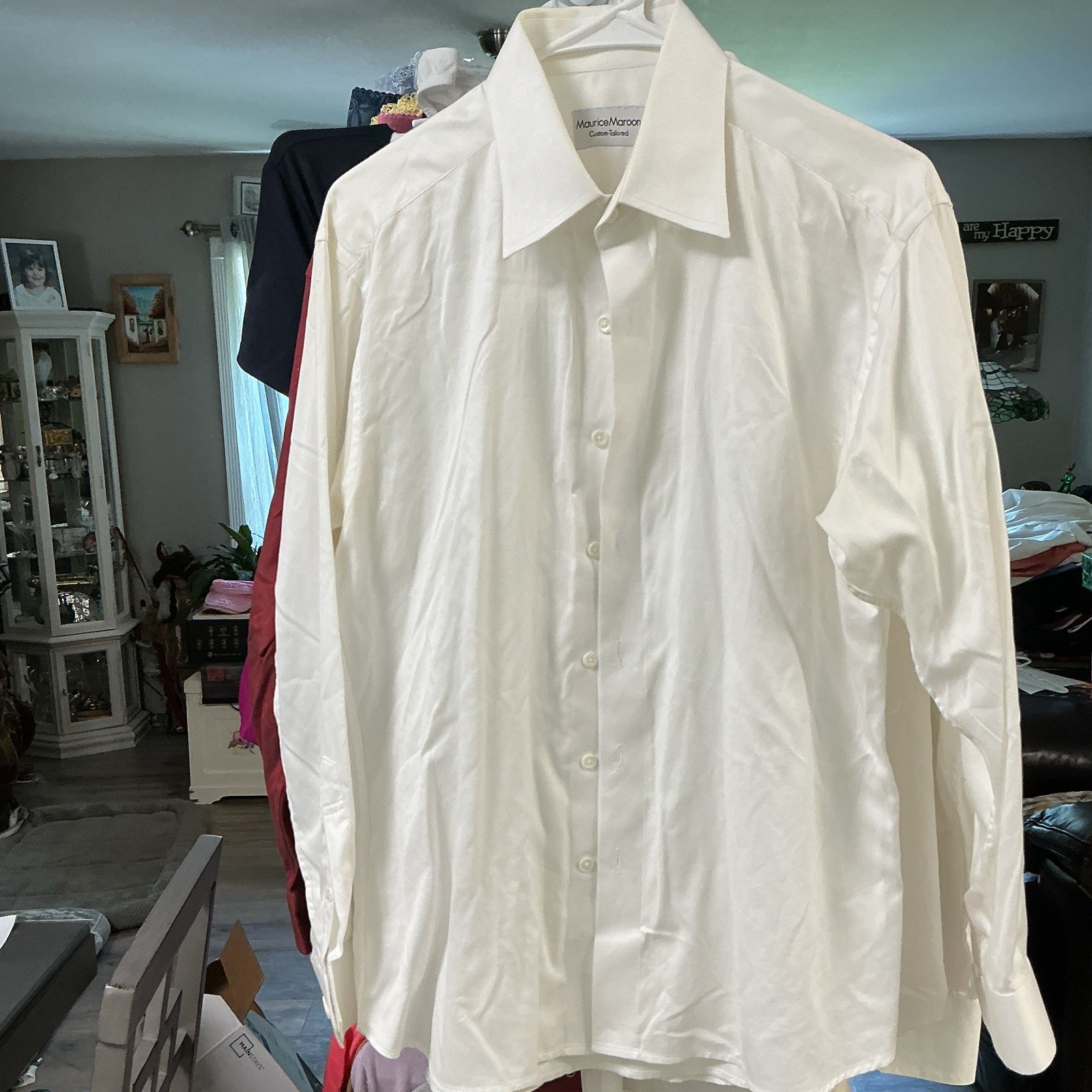 Maurice Maroon Cotton Solid White Custom-Tailored Dress Shirt 16.5 34/35
